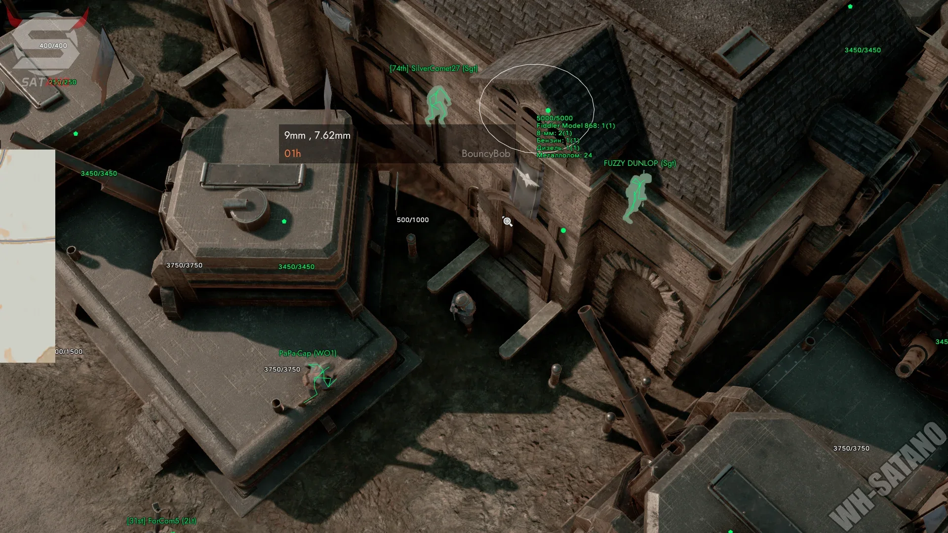 Foxhole ESP overlay: player tags with health bars, structure HP and container contents visible through walls