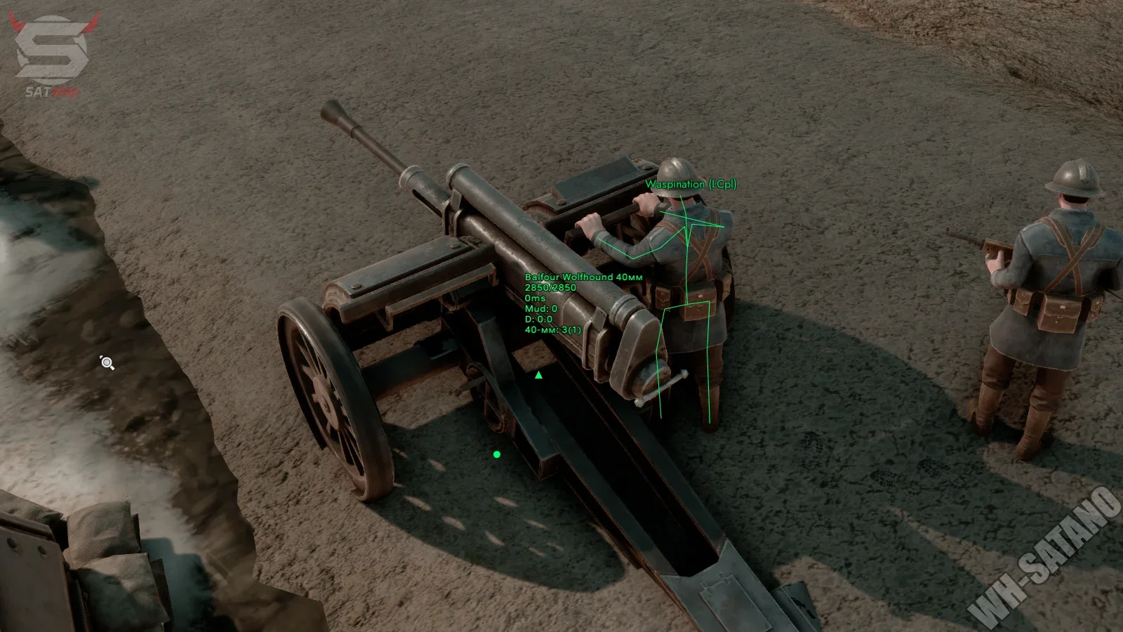 Foxhole ESP on artillery: the Balfour Wolfhound 40mm shows HP, shell type and distance, soldiers outlined with rank tags