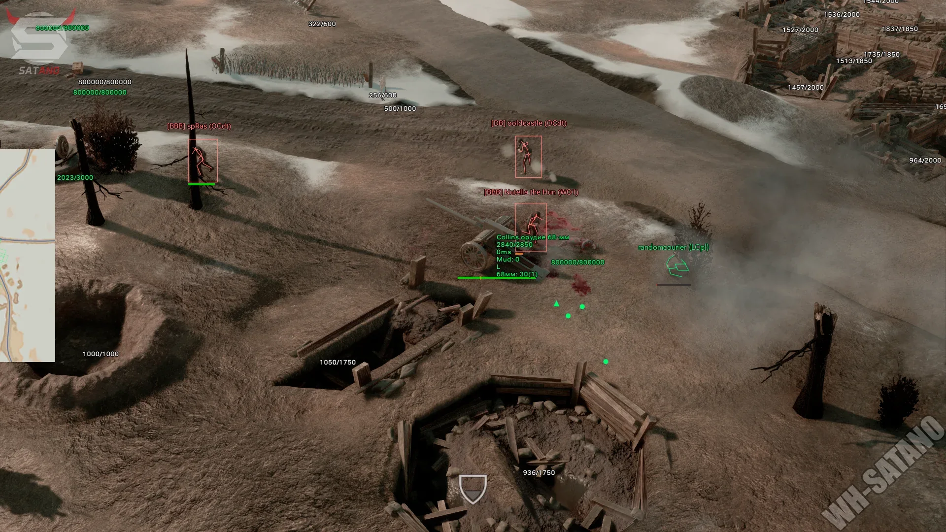 Foxhole wallhack on the battlefield: enemy boxes with names and ranks, the Collins 68mm gun with ammo count and mud state